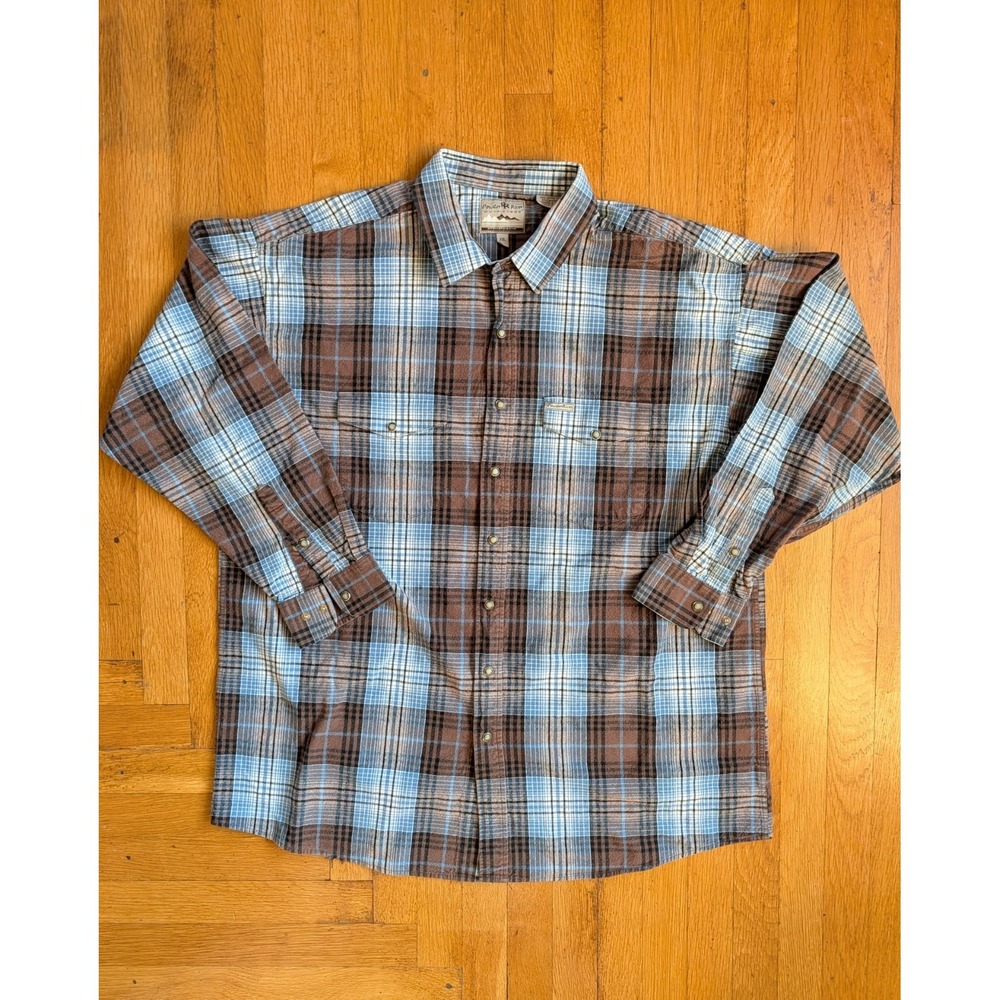 Powder River Outfitters Mens XXL Brown & Blue Plaid‎ Pearl Snap Shirt Heavy Duty